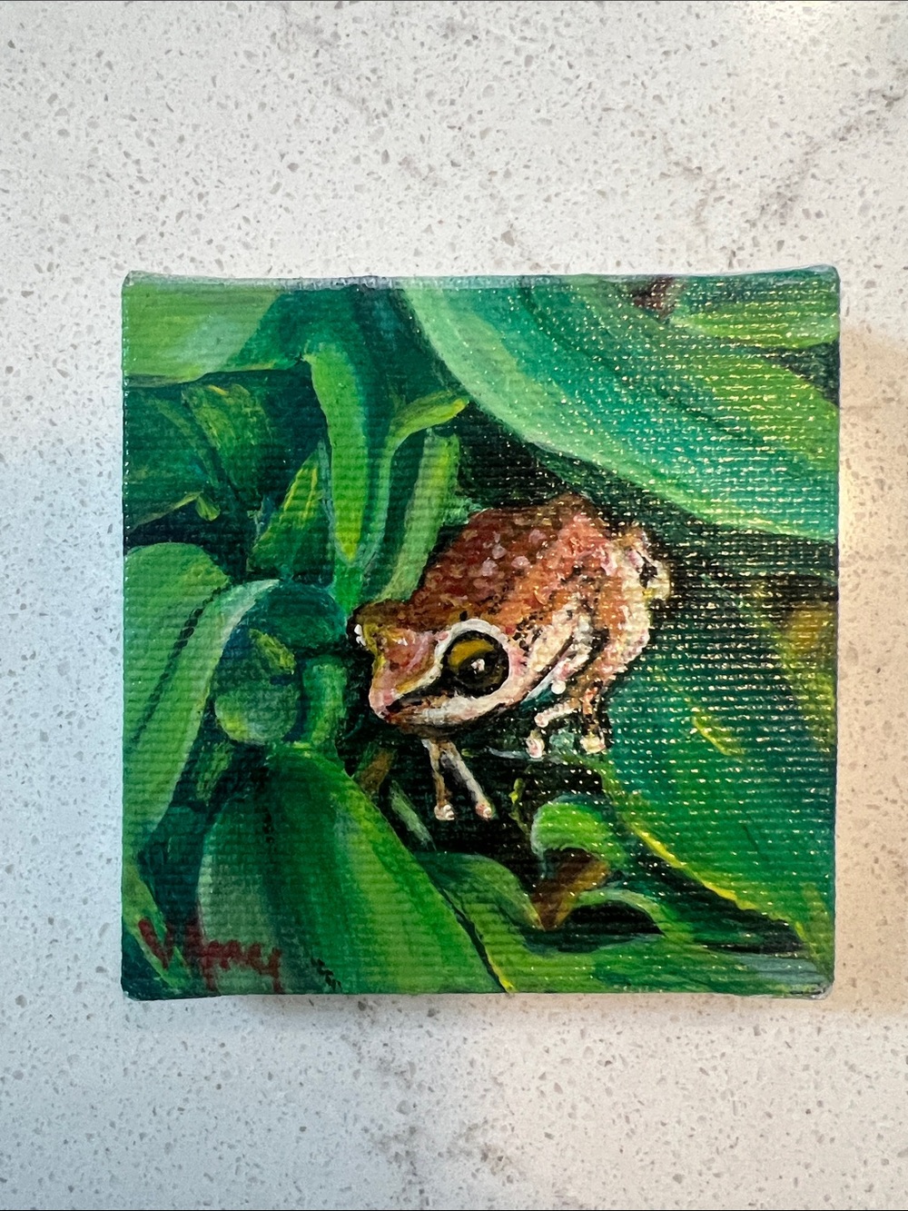 CONSIGNMENT Hand-Painted Mini Frog Canvas on Easel - Green